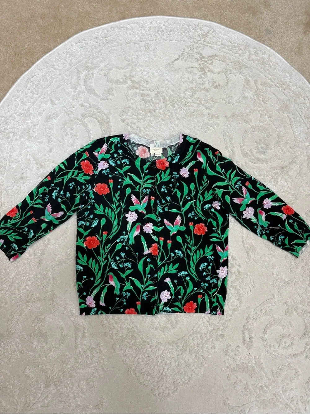 Kate Spade Live Colorfully L Floral Hummingbird Cardigan Black Cotton 3/4 Sleeve